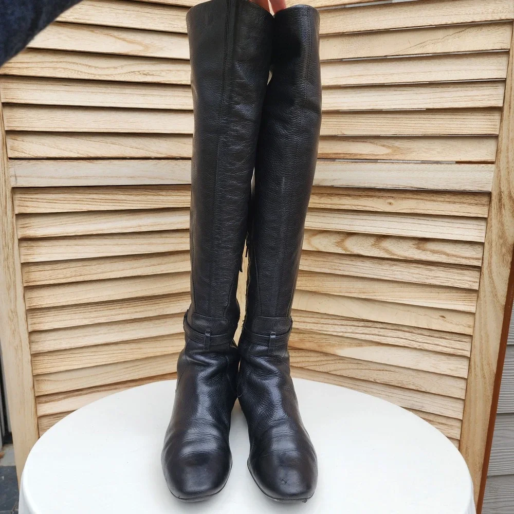 Via Spiga 8M Black Leather Over The Knee Flat Tall Boots Classic Minimalist Fall